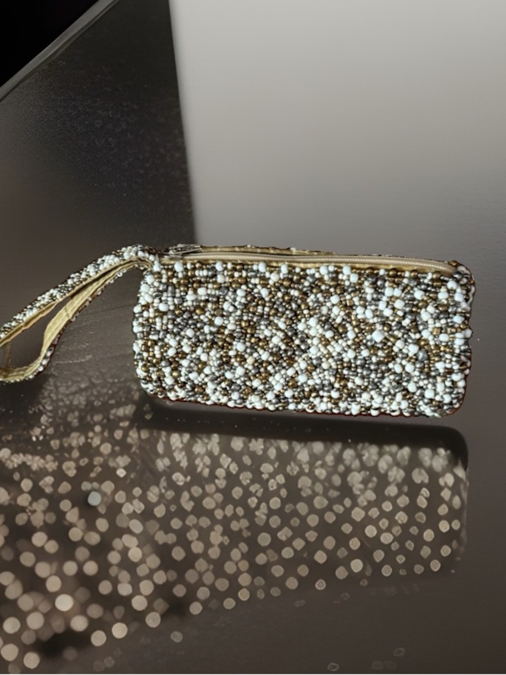 Vintage Hand-Beaded wristlet clutch Lined Gold, Silver, brown & Dark Tones